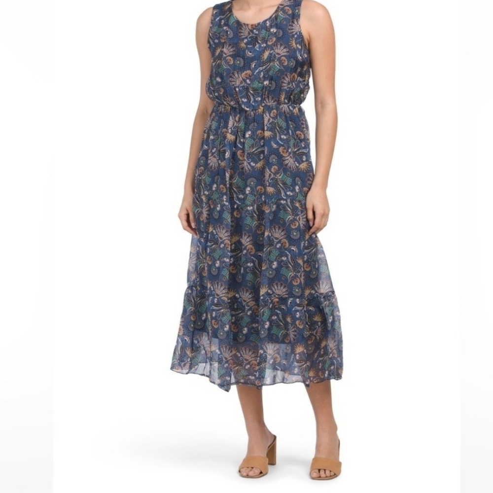 Lara Guidotti Blue Floral Silk Blend Midi Dress Small